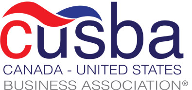 Logo of the Canada-United States Business Association (CUSBA) with "cusba" in bold letters. The "c" is red with a blue wave, and the remaining letters are blue. Below, it reads "Canada - United States Business Association" in red and gray, symbolizing a robust affiliate network between nations.