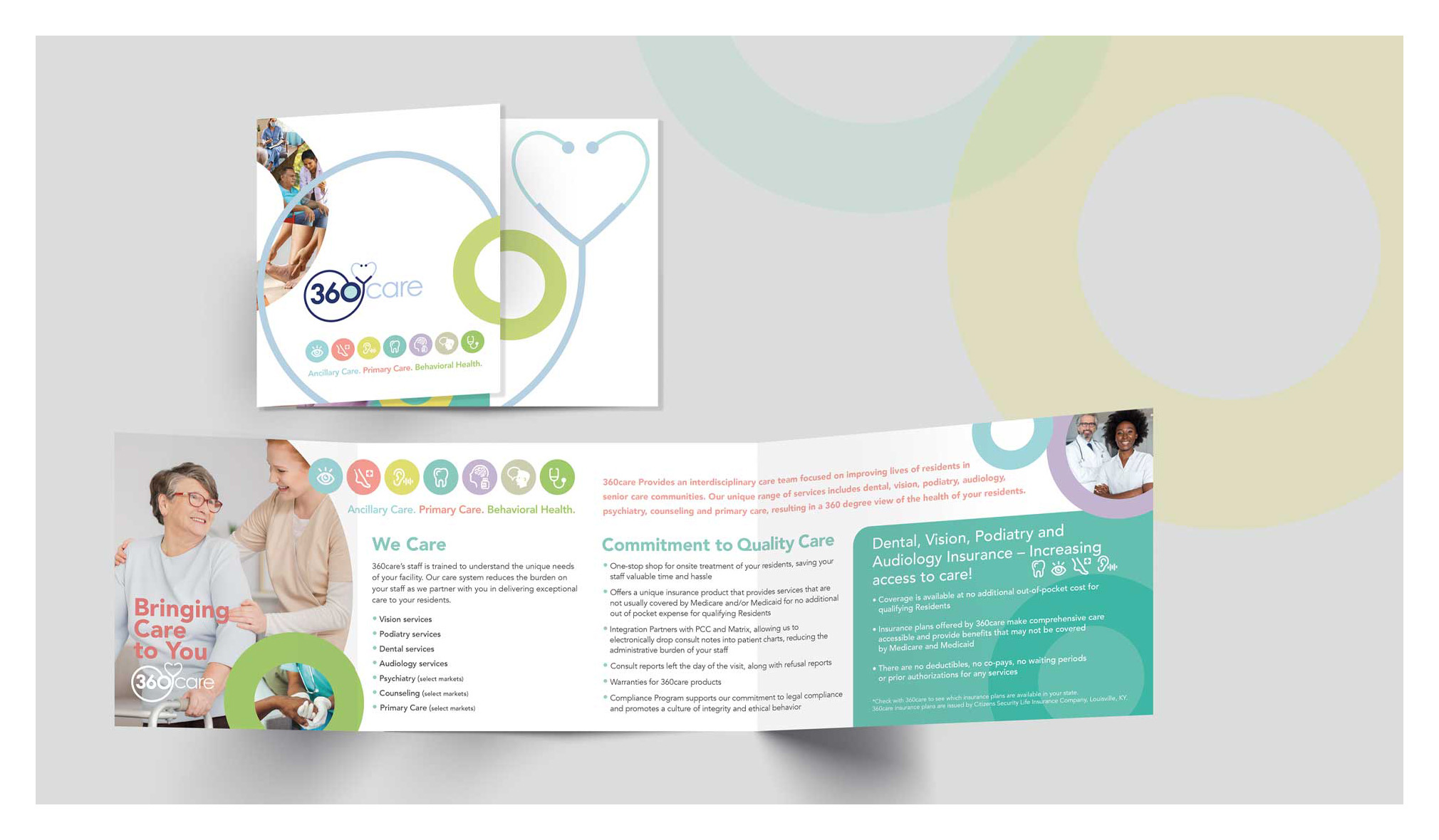 Image of a healthcare brochure with sections detailing services like dental, vision, podiatry, and audiology. It features images of healthcare professionals and text outlining the commitment to quality care. The design includes a heart-shaped logo.