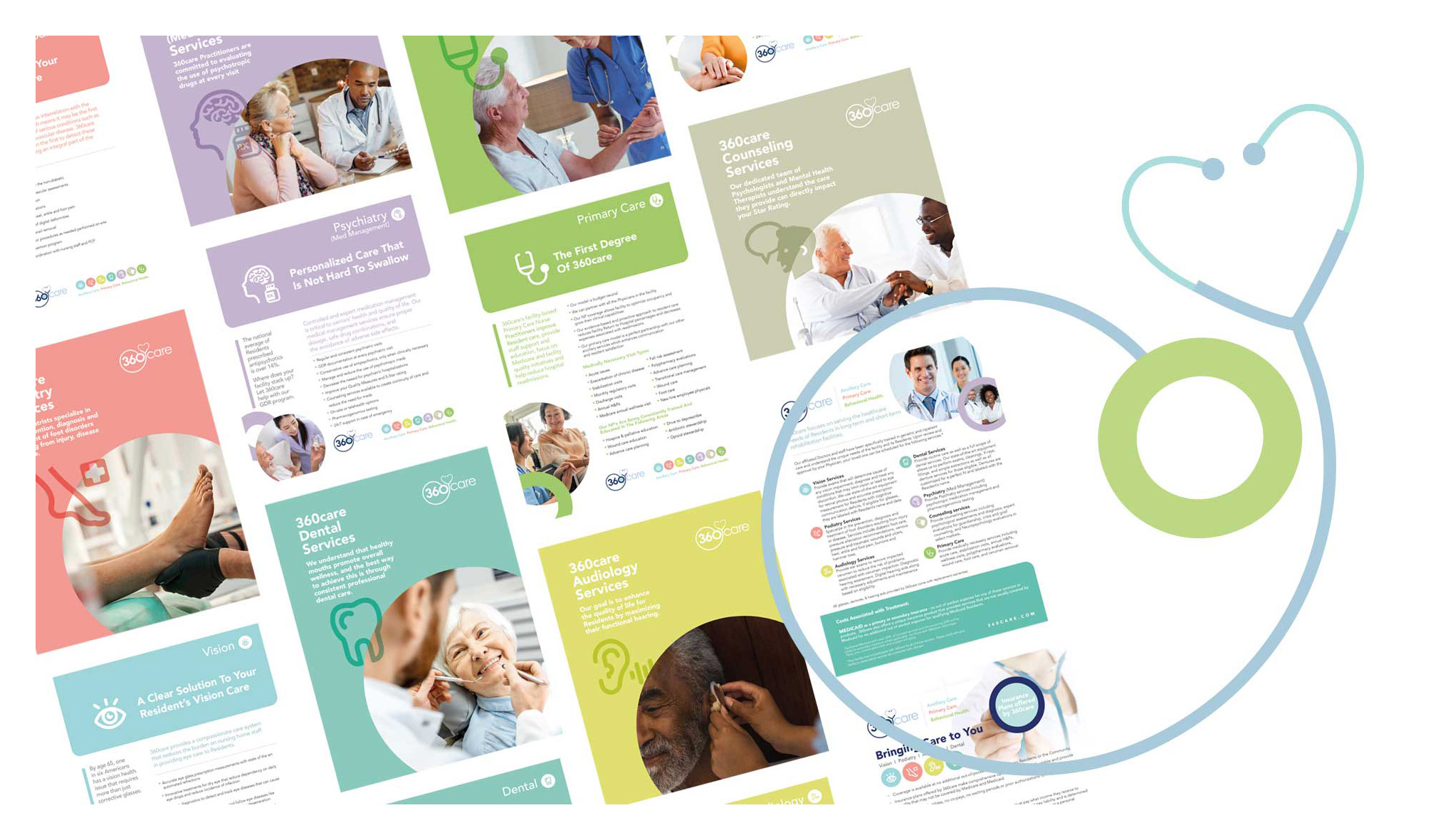 An assortment of colorful healthcare brochures featuring various services like primary care, specialty care, and senior services. They include images of medical professionals interacting with patients and detailed service descriptions.