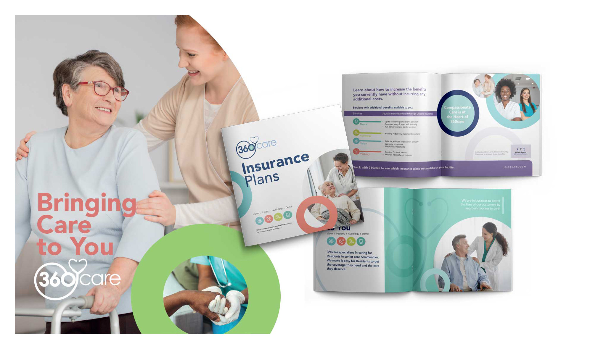 A smiling elderly woman with glasses is helped by a caregiver. The image includes brochures for 360°care Insurance Plans, emphasizing healthcare services. Text reads "Bringing Care to You" alongside images of healthcare professionals and seniors.