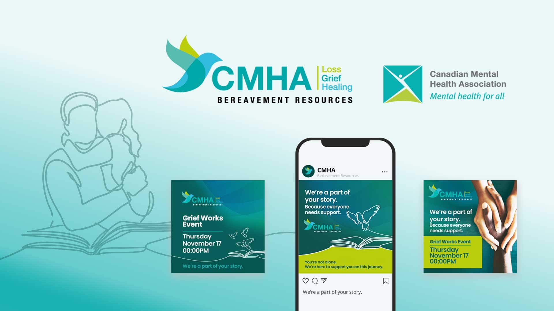 A digital flyer featuring the CMHA logo and text promoting a bereavement resources event. Includes images of a couple hugging, a smartphone showing a social media post, and event details: "Grief Works Event, Thursday, November 17, 6:00 PM.
