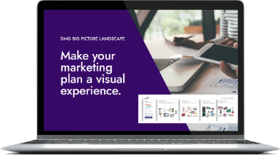 A laptop displays a presentation with a purple slide that reads, "DMG BIG PICTURE LANDSCAPE: Make your marketing plan a visual experience." In the background, a person is holding a smartphone and touching papers on a desk.