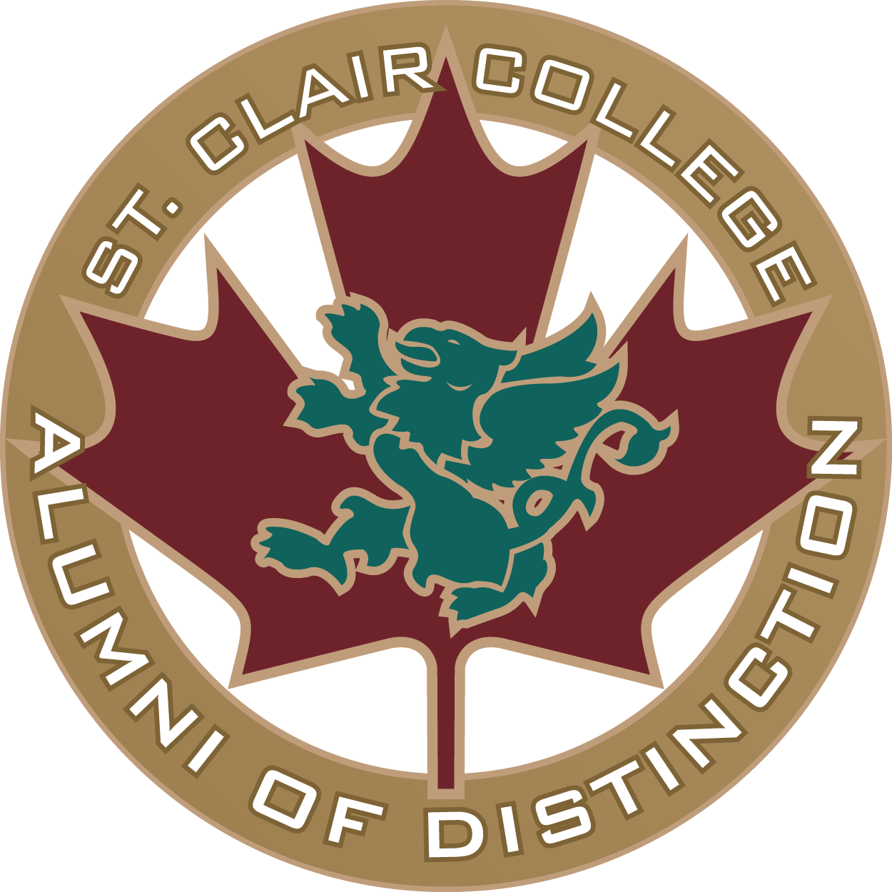 Logo of St. Clair College Alumni of Distinction featuring a griffin over a maple leaf. The words "ST. CLAIR COLLEGE ALUMNI OF DISTINCTION" encircle the design in a gold border.