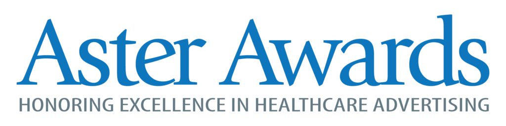 Logo of Aster Awards with text "Honoring Excellence in Healthcare Advertising" in blue and gray lettering on a white background.