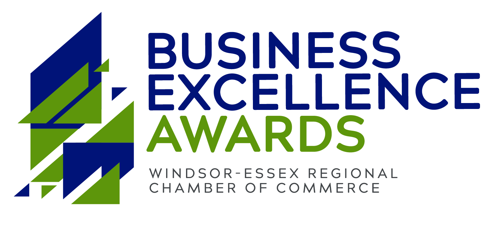 Logo for the Business Excellence Awards by the Windsor-Essex Regional Chamber of Commerce, featuring abstract geometric shapes in blue and green alongside the text.