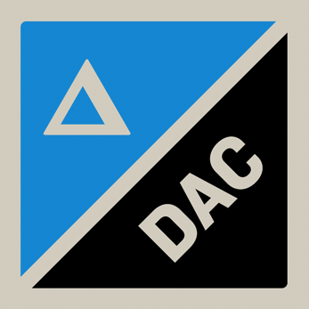 Logo with a diagonal split; the left half is blue with a white triangle, and the right half is black with the letters "DAC" in white.