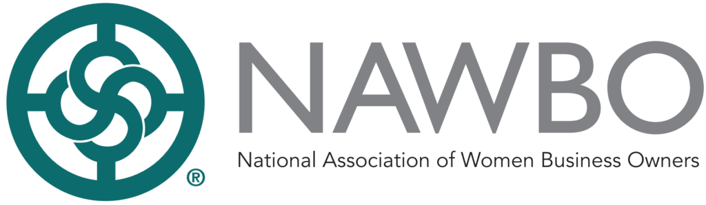 Logo of NAWBO (National Association of Women Business Owners) featuring a teal circular design with overlapping shapes next to the organization's acronym and full name in gray text.