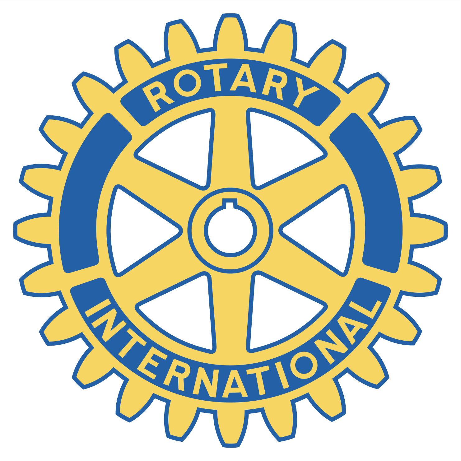 Logo of Rotary International featuring a yellow gear with blue outlines. The words "Rotary" and "International" are written in blue on opposite sides of the gear.