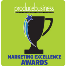 Trophy silhouette with a star and swoosh design on a green background. Text reads "producebusiness Marketing Excellence Awards.