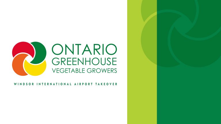 Ontario Greenhouse Vegetable Growers Windsor Airport Takeover logo with colorful circular design and text, alongside green gradient graphic elements on the right.