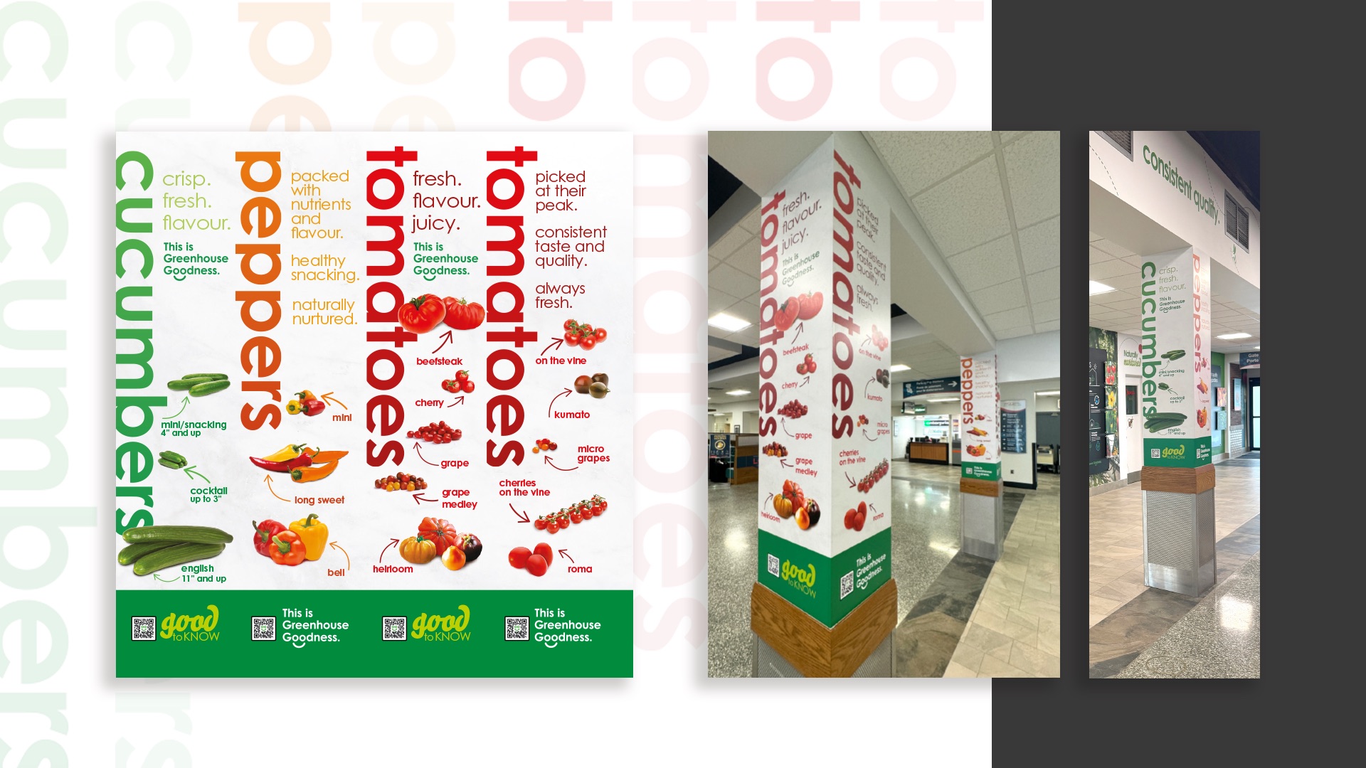 Large posters and column wraps showcasing vibrant tomatoes, peppers, and cucumbers with bold phrases fill the space for the OGVG Windsor Airport Takeover in a striking, modern indoor display.