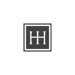 A gray square logo with the letter "H" in white, bordered by a thin white line.