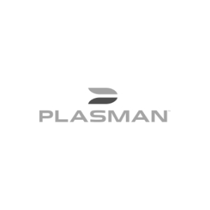 Gray Plasman logo with stylized leaf design above the text.