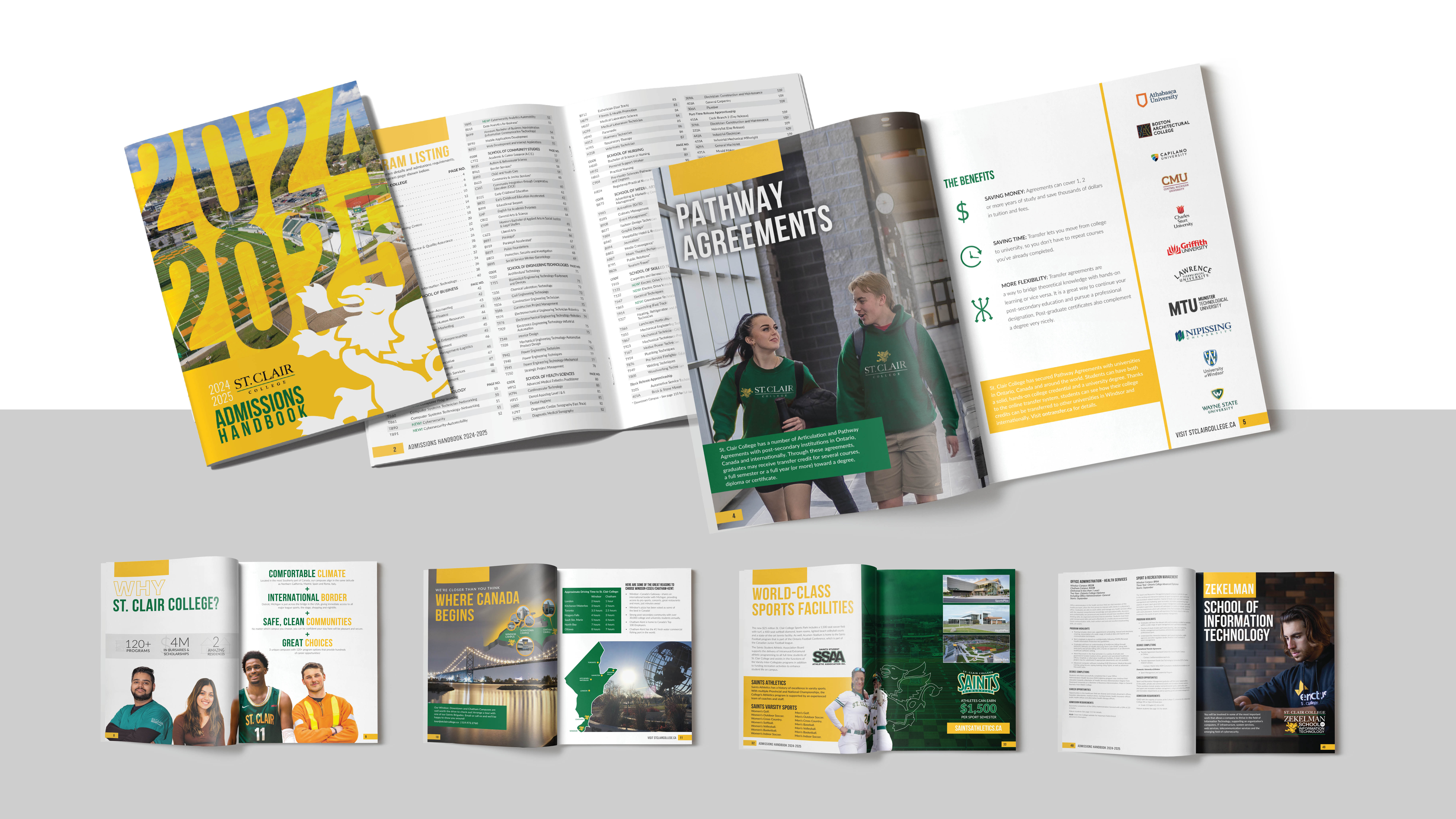 A set of brochures for St. Clair College's 2024-2025 admissions, showcasing pathway agreements, campus facilities, and academic programs.