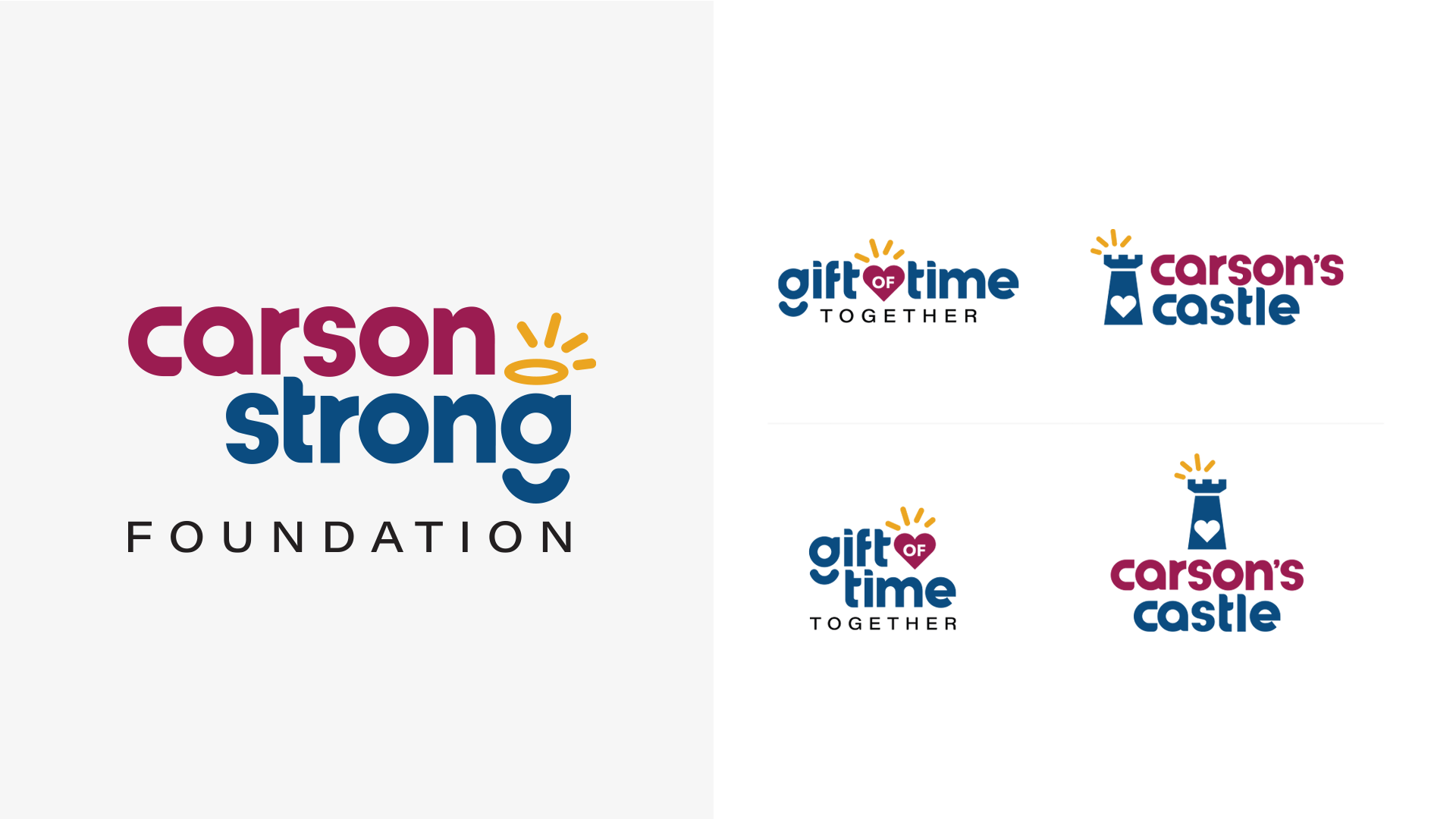 Logos for "Carson Strong Foundation," "Gift of Time Together," and "Carson's Castle," featuring bold text and playful icons such as hearts and castles.