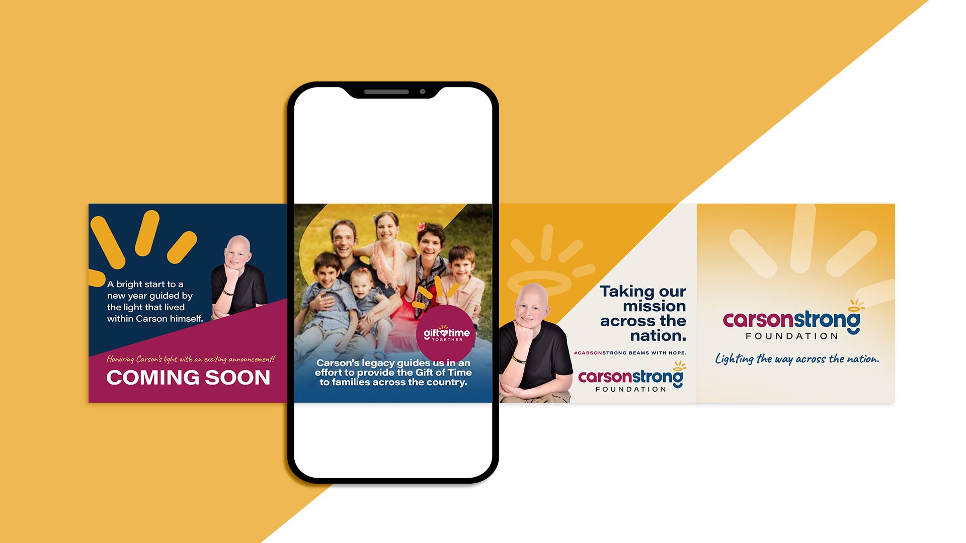 A smartphone displaying an image of a family is surrounded by ads for the CarsonStrong Foundation, featuring a bald child and messages about guiding others and upcoming events.