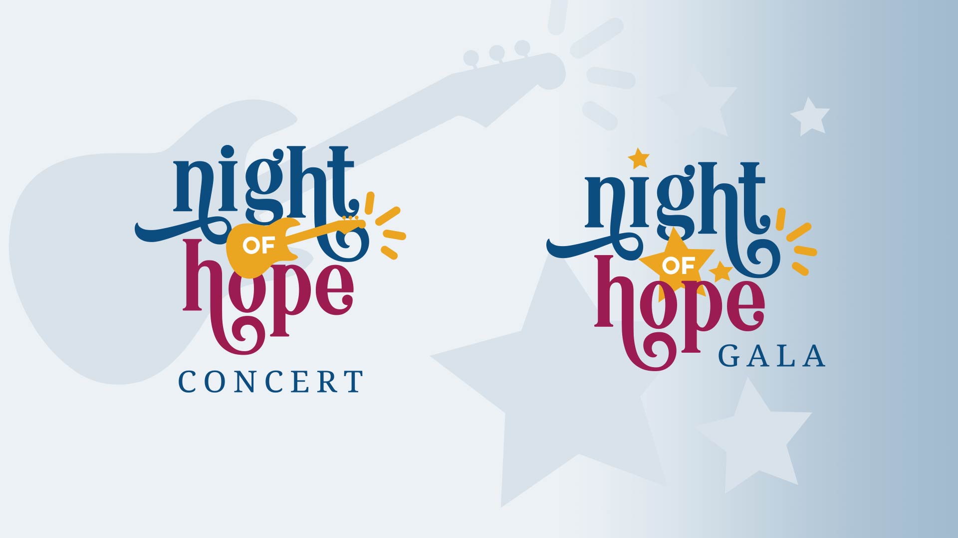 Night of Hope event logos with a guitar and star design. One logo reads "Concert" and the other "Gala.