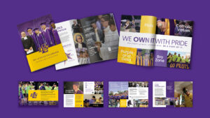 A collection of brochures with images and text promoting a school, featuring sports highlights, statistical achievements, and group photos on a purple background.
