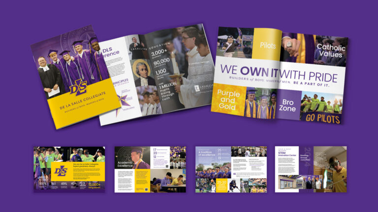 A collection of brochures with images and text promoting a school, featuring sports highlights, statistical achievements, and group photos on a purple background.