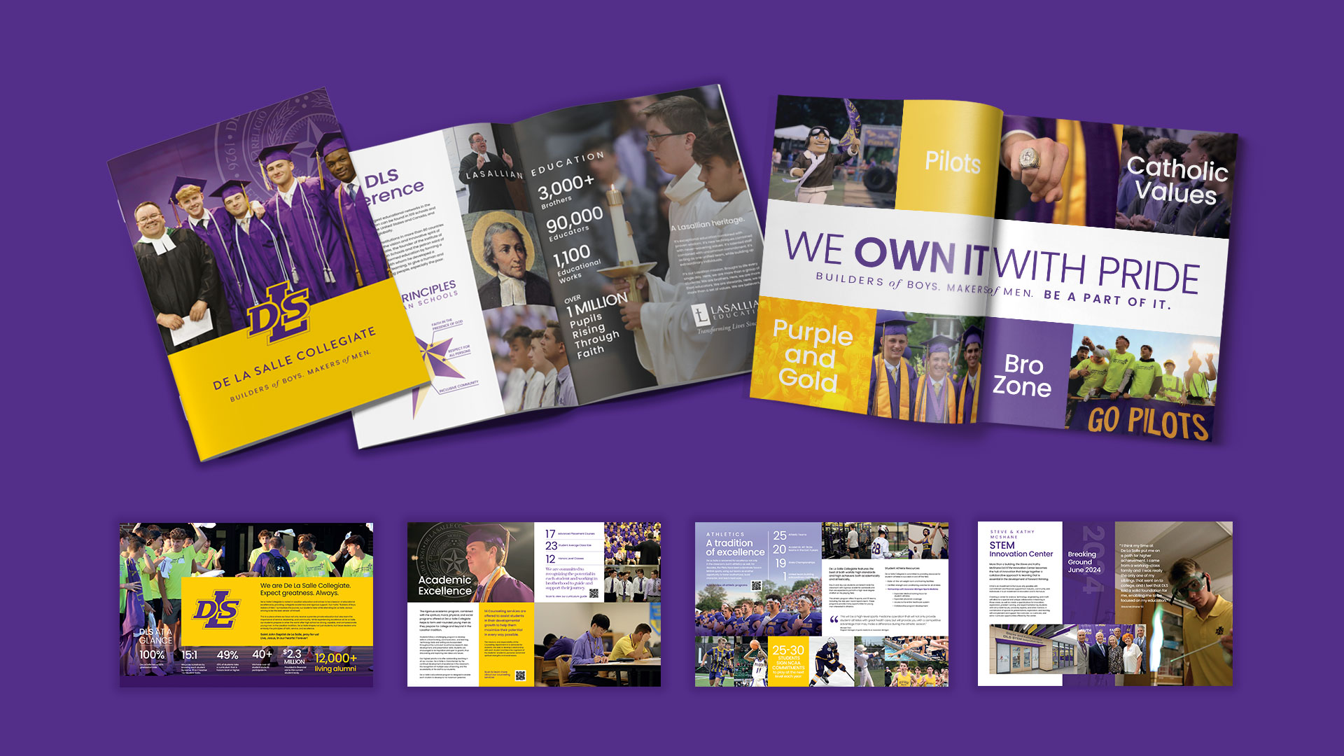 A collection of brochures with images and text promoting a school, featuring sports highlights, statistical achievements, and group photos on a purple background.
