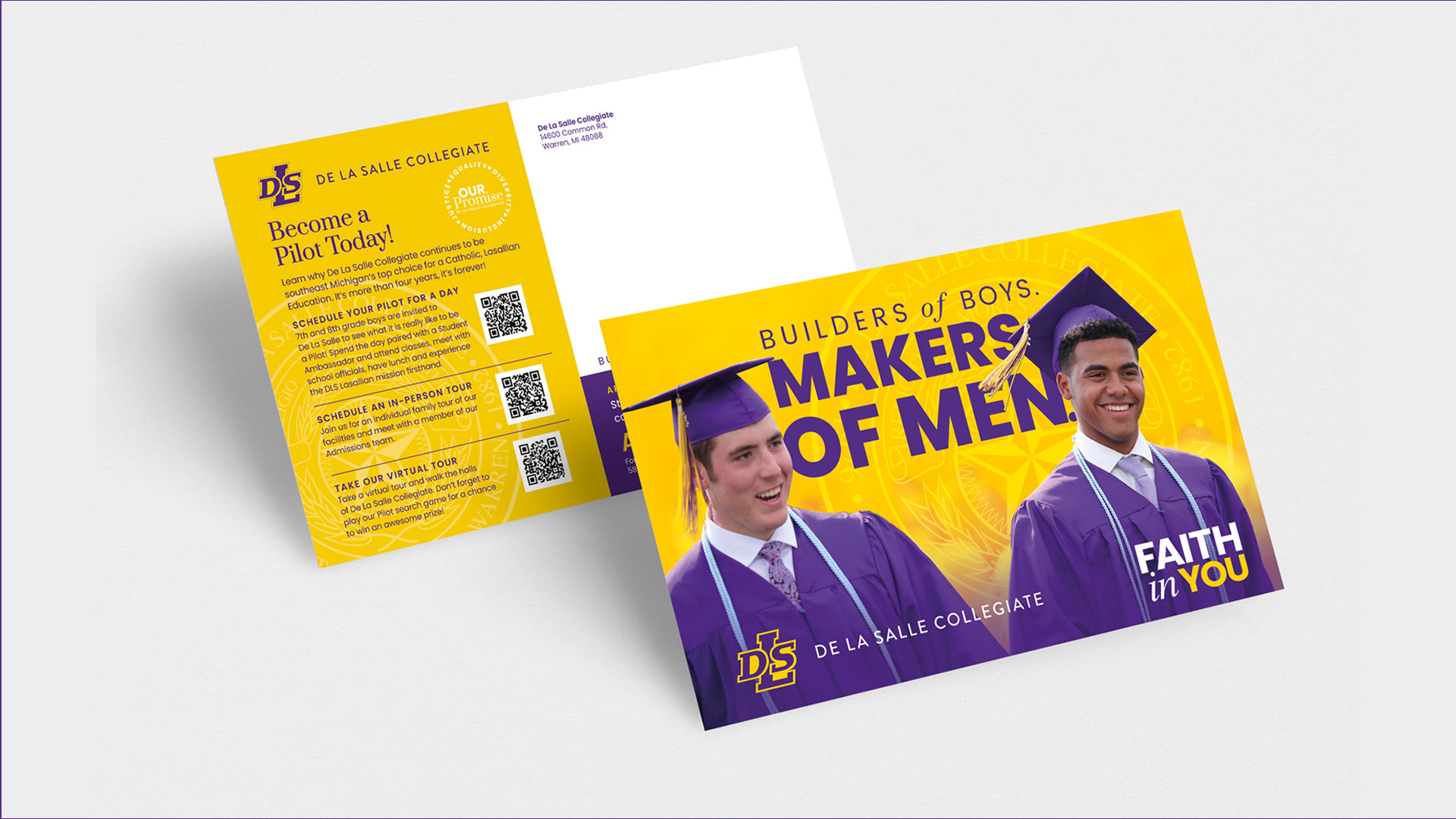 Two brochures featuring young men in graduation gowns with the text "Builders of Boys, Makers of Men" and "Faith in You" from De La Salle Collegiate.