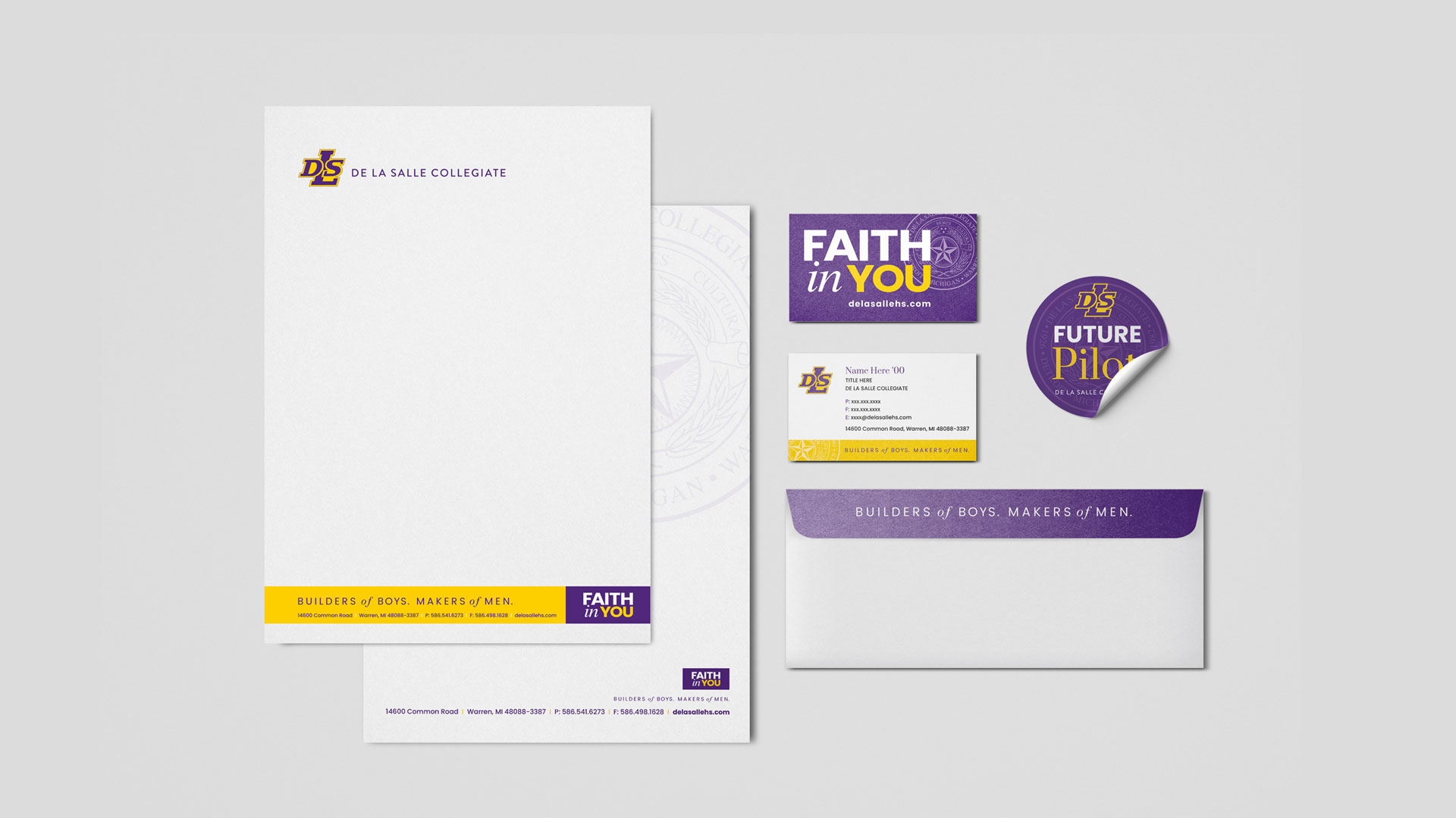 A letterhead, business card, circular sticker, and envelope featuring the De La Salle Collegiate branding in yellow, purple, and white colors, with phrases like "Faith in You" and "Future Pilot.