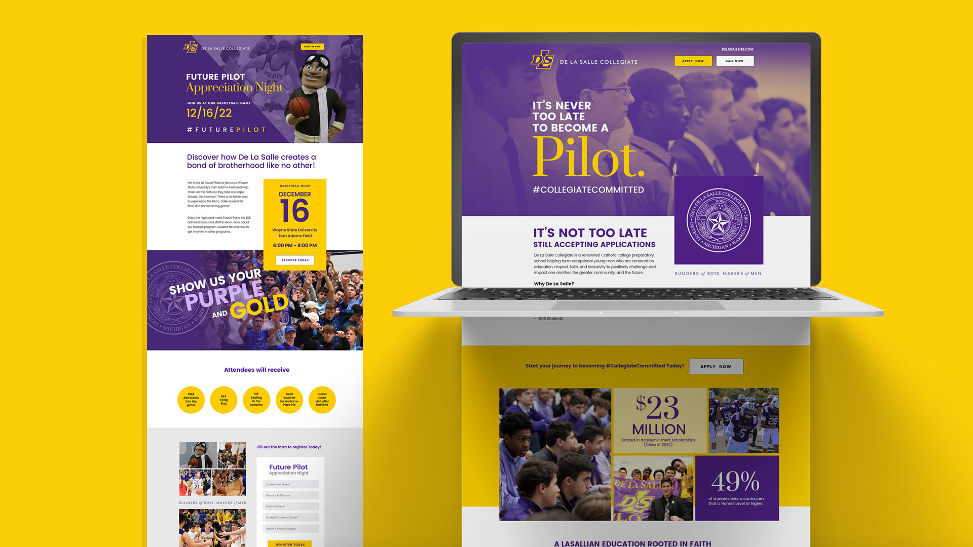 A laptop displaying a college application page featuring students. A large poster beside it shows event details and highlights college statistics. Both items are set against a yellow background.