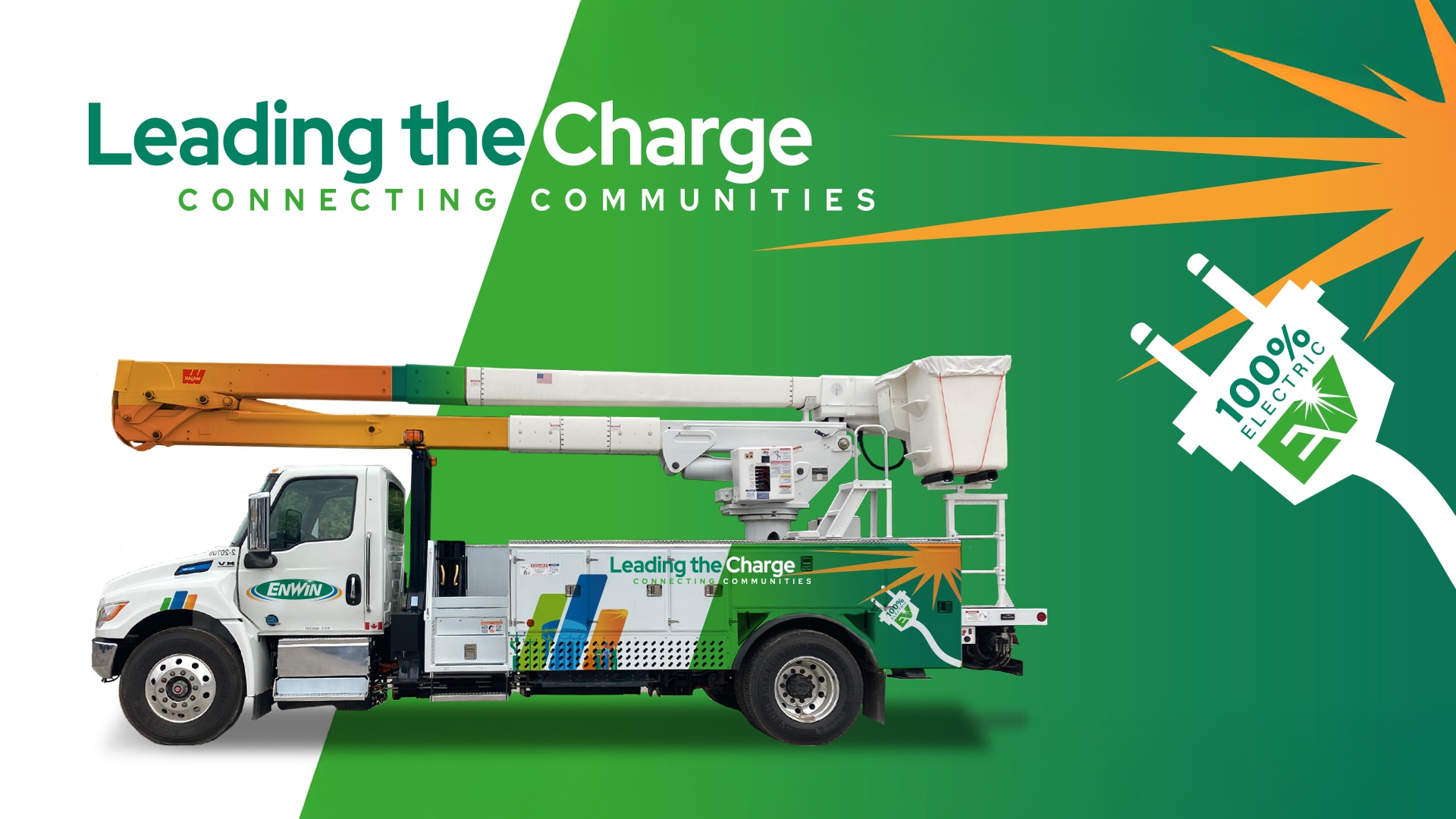 Electric utility truck with an extended bucket arm on a green and white background. Text: "Leading the Charge, Connecting Communities, 100% Electric EV.