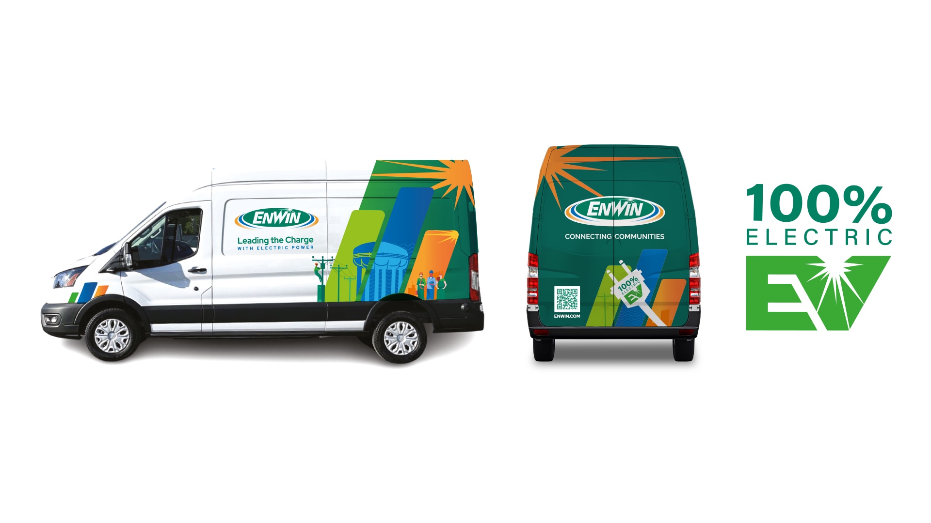 Side and rear view of a white and green van with "Enwin" logo, featuring the text "Leading the Charge: 100% Electric", with colorful graphics and "EV" symbol.