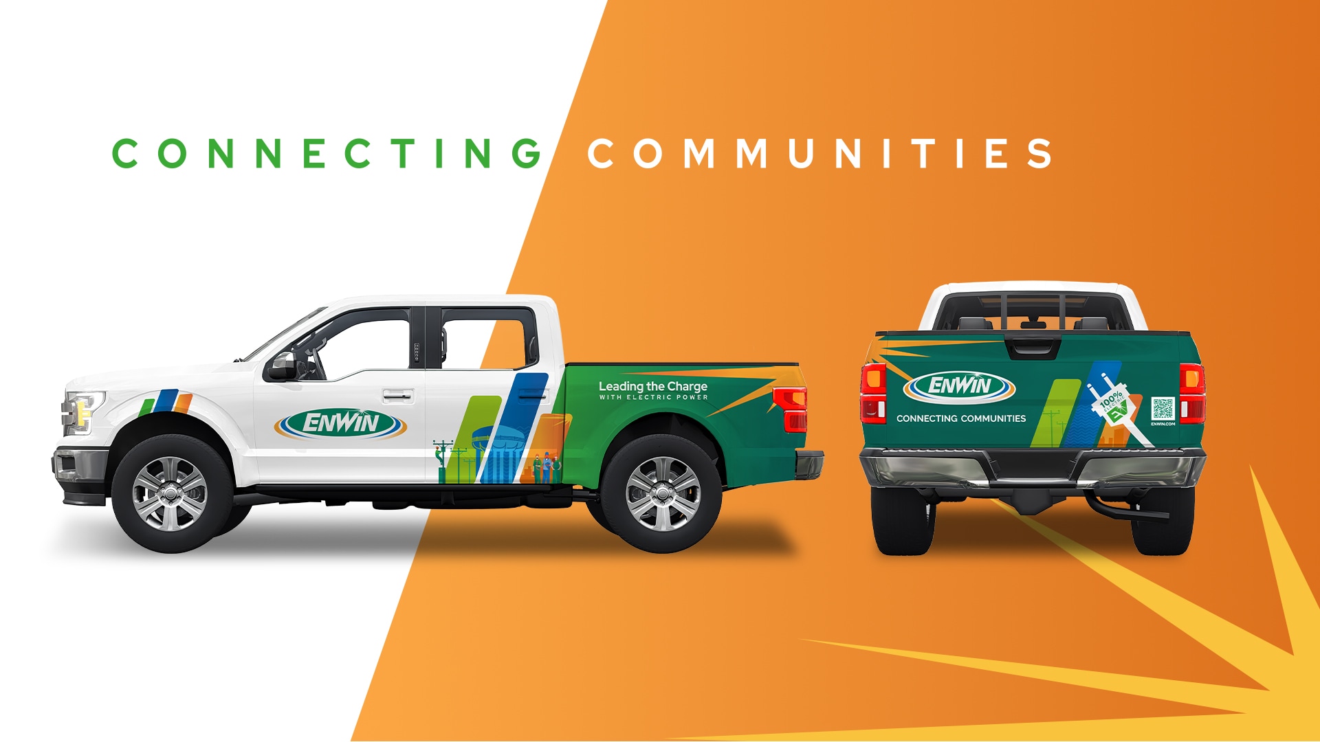Two trucks with eco-themed graphics and "Connecting Communities" slogan, parked against a split orange and white background.