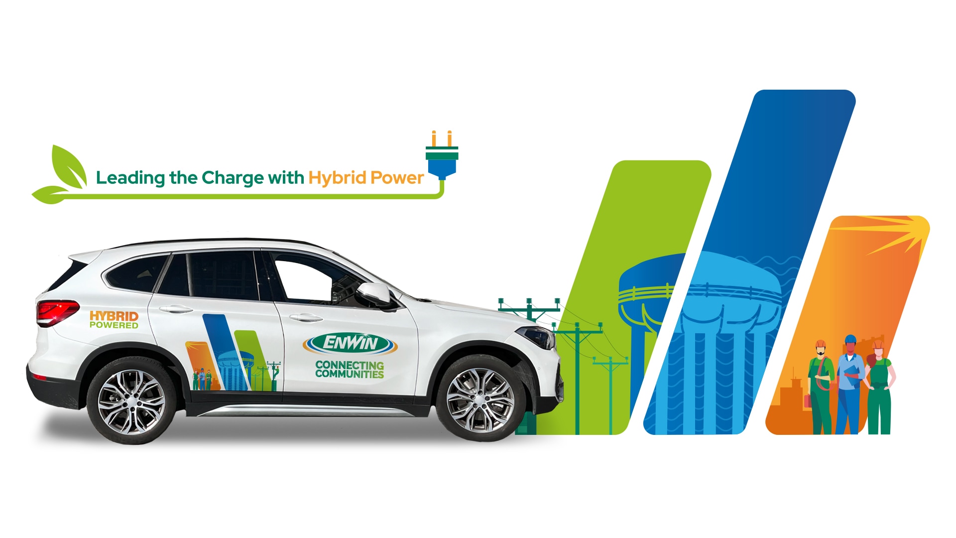 White hybrid SUV with ENWIN logo and green graphics, alongside illustrations of power lines, a water tower, and three people in work attire. Text: "Leading the Charge with Hybrid Power.