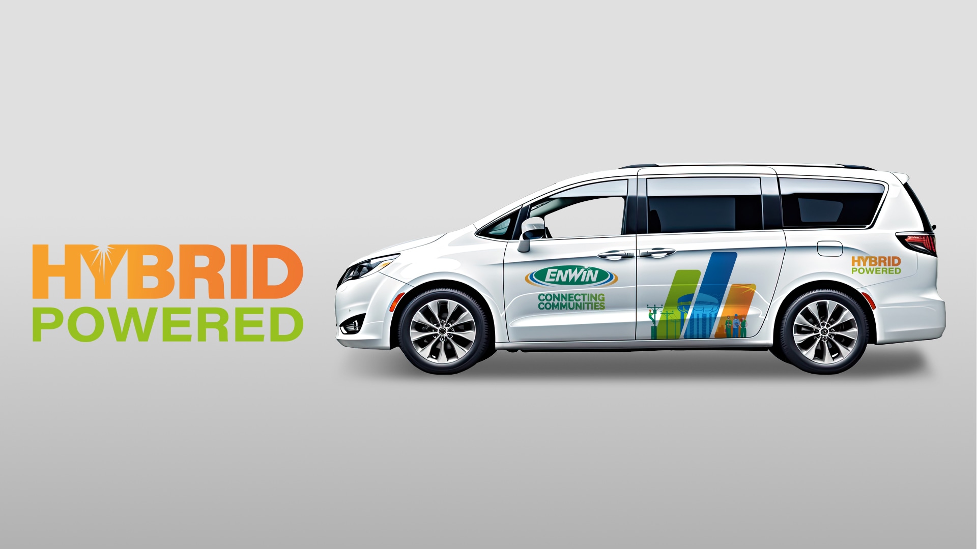 White minivan with "Hybrid Powered" text on the side, featuring colorful graphics. Side view against a plain background with the "HYBRID POWERED" logo on the left.