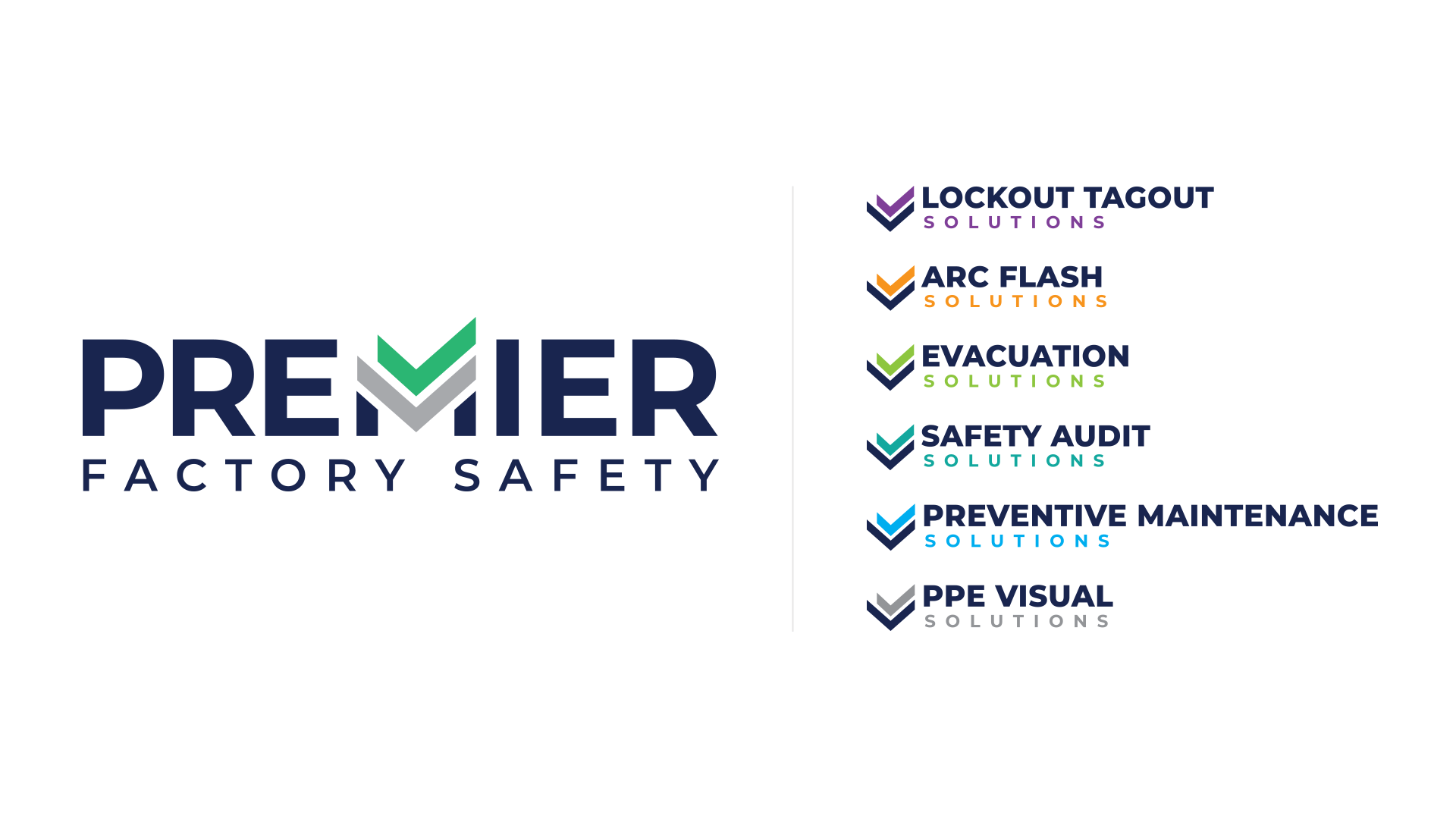 Premier Factory Safety logo with a list of services: Lockout Tagout, Arc Flash, Evacuation, Safety Audit, Preventive Maintenance, and PPE Visual Solutions, each with a colored checkmark.