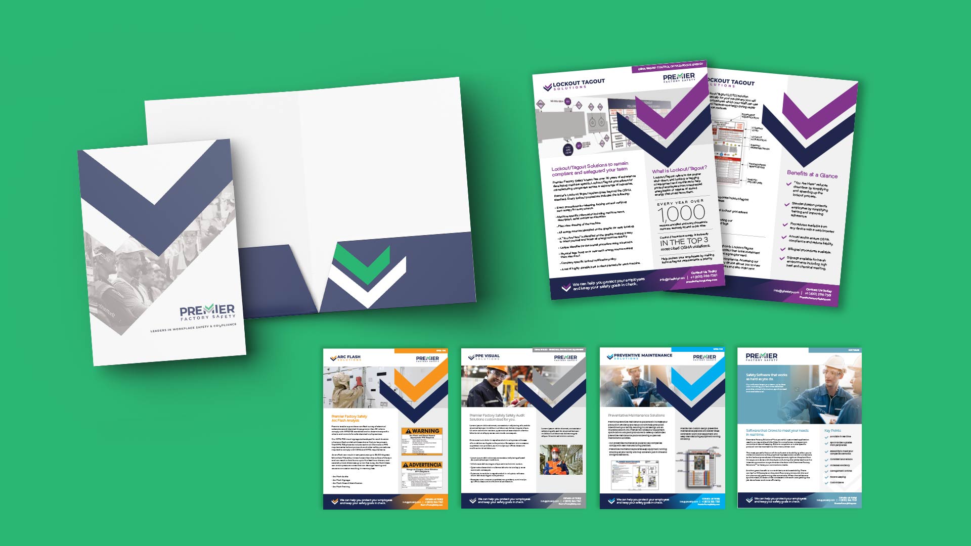 A collection of marketing materials on a green background, including a folder and various brochures with blue and gray accents, displaying text and images related to business solutions.