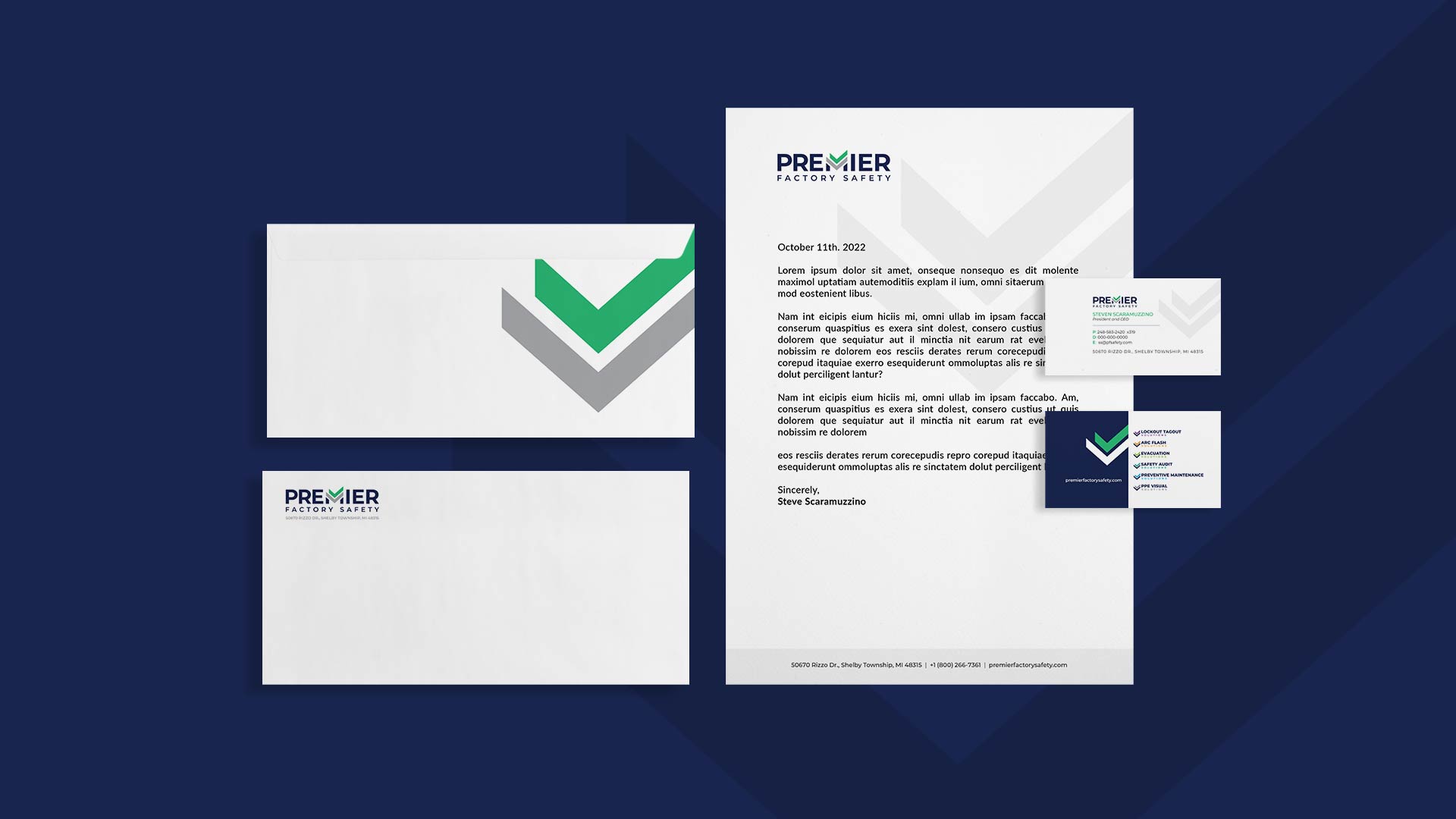 Stationery set on a blue surface, featuring a letterhead, two envelopes, and a business card with "Premier" branding and logo, displaying a green and gray checkmark design.