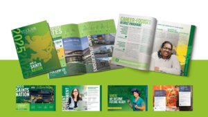 A collection of St. Clair College brochures and booklets is displayed, featuring campus information, degree programs, and student resources with photos and green-themed designs.
