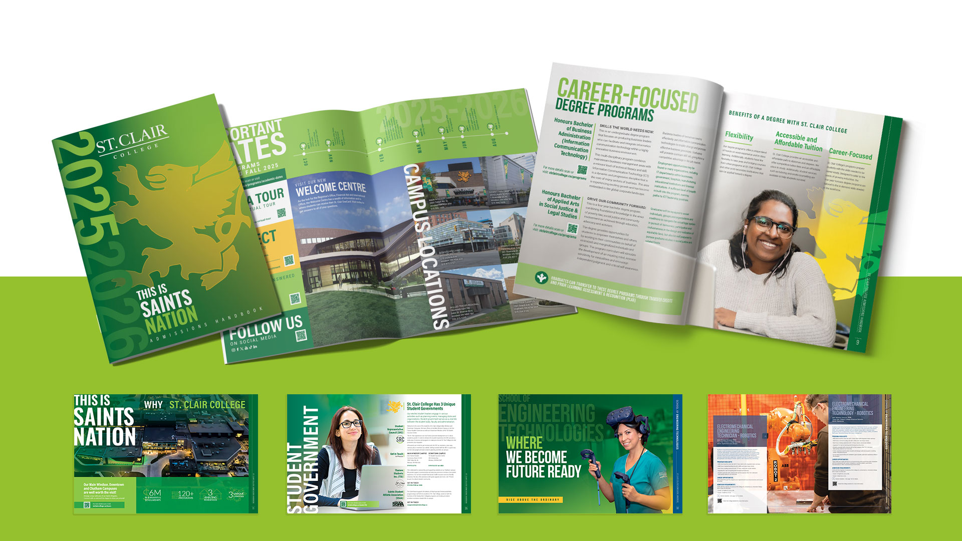 A collection of St. Clair College brochures and booklets is displayed, featuring campus information, degree programs, and student resources with photos and green-themed designs.