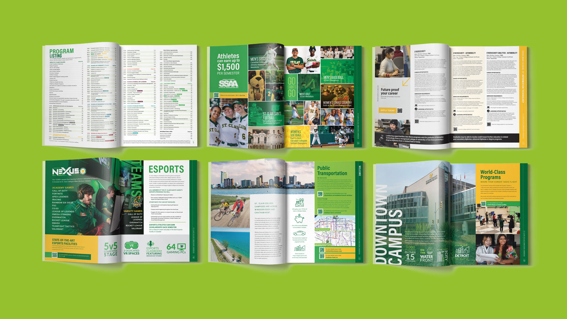 Six open brochures displayed on a green background, each featuring various campus program details, photos, and graphics related to student activities and facilities.