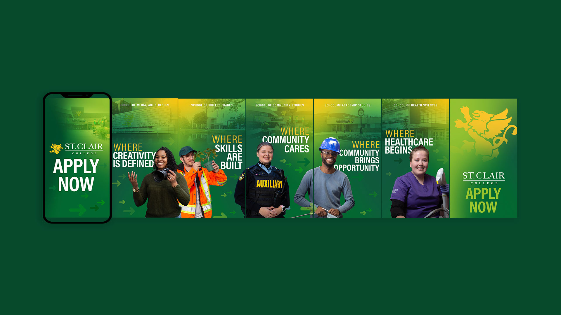St. Clair College promotional banner featuring students from different programs and text encouraging applications, with the slogan "APPLY NOW" displayed on a phone and the banner.