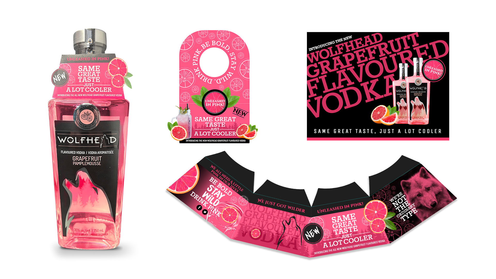 Grapefruit flavored vodka bottle with packaging and promotional materials featuring pink and black design elements, including text: "Same great taste, just a lot cooler.