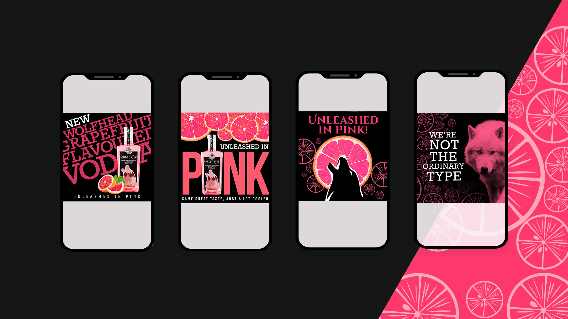 Four smartphone screens displaying a pink-themed beverage advertisement with images of grapefruit, a wolf, and text.