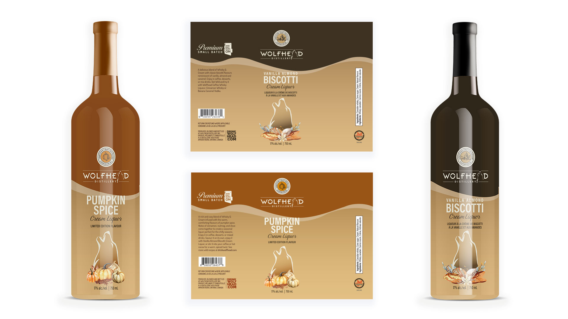 Two bottles and two labels of rum: one pumpkin spice-flavored with orange labeling, and one vanilla biscotti-flavored with brown labeling, both featuring a wolf silhouette design.
