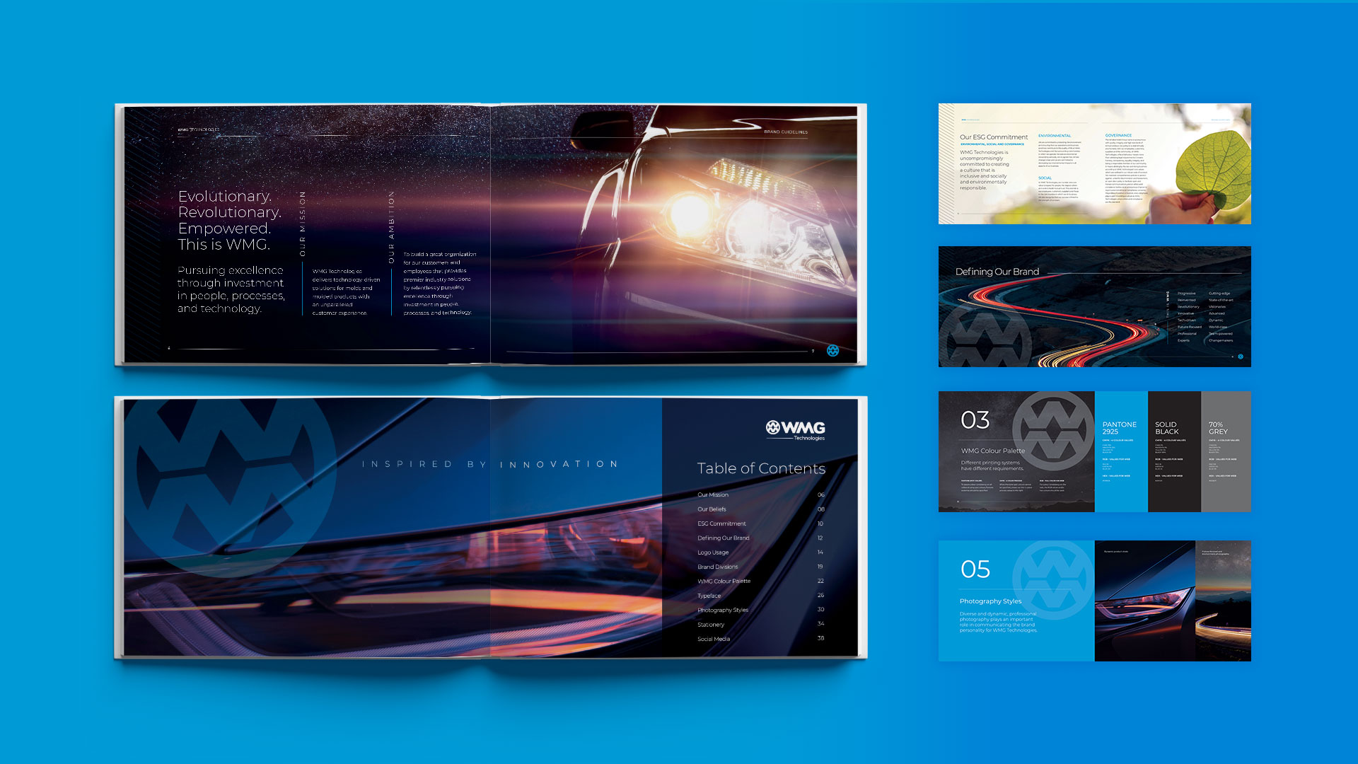A collection of brochure pages with vehicle imagery and text on a blue background, showcasing innovation themes and table of contents with graphic design elements.