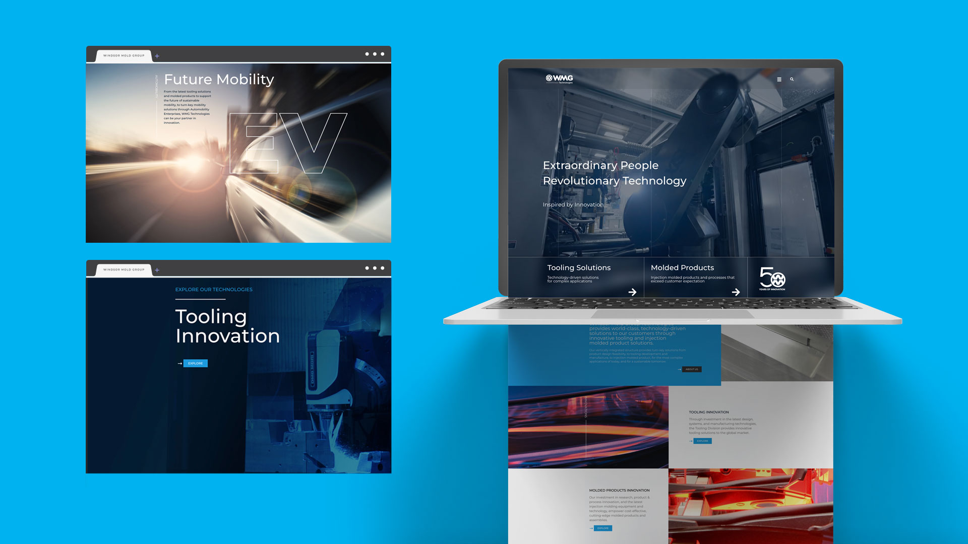 A laptop displays a technology-themed website. Next to it are screenshots of additional pages titled "Future Mobility" and "Tooling Innovation," on a blue background.