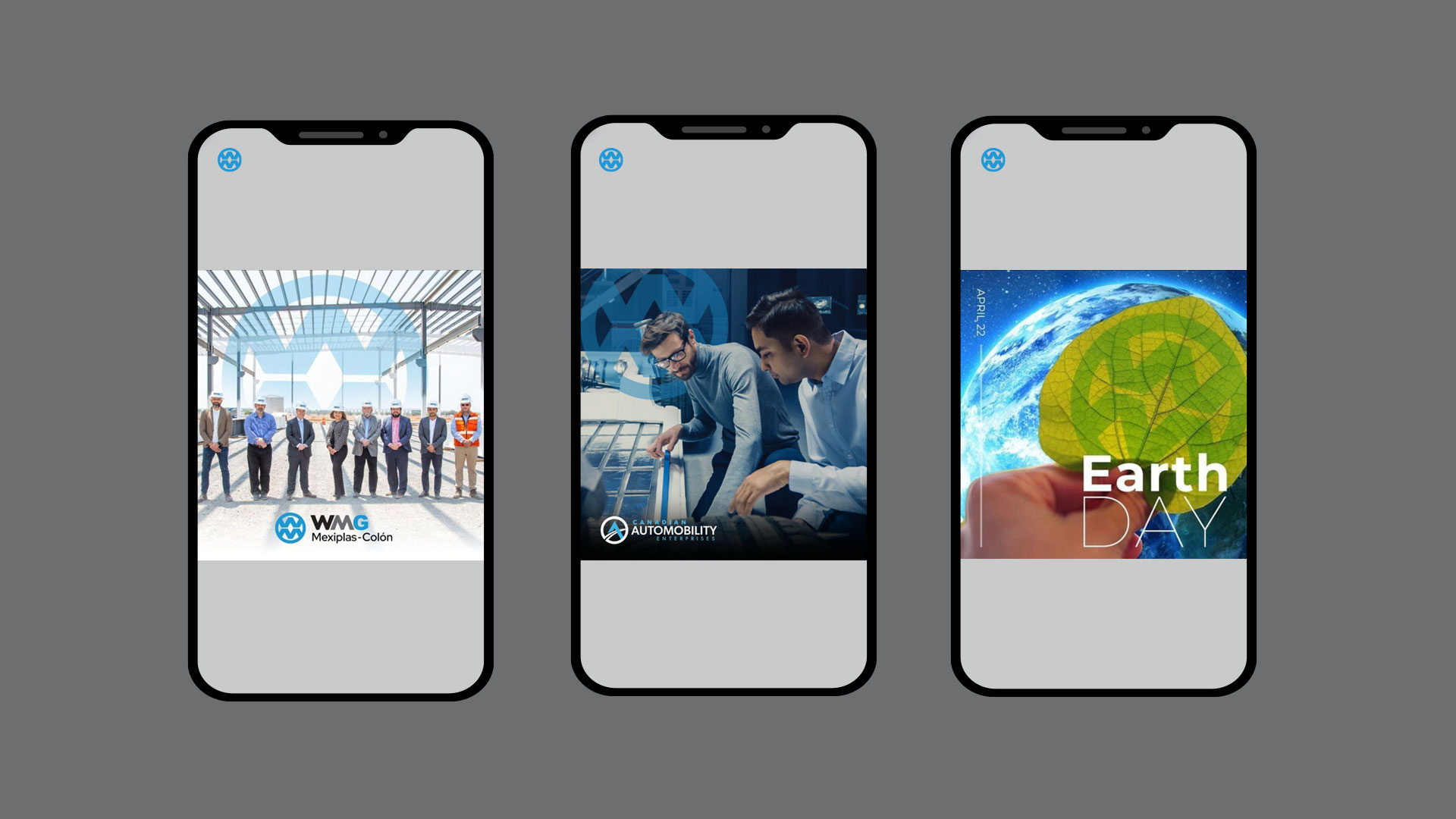 Three smartphones displaying images: a group of people in business attire, two men working with machinery, and an Earth Day graphic with a globe and green symbol.