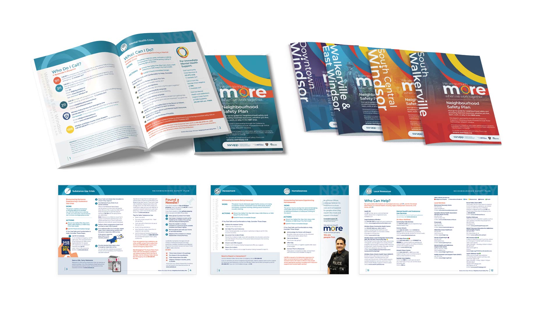 A set of colorful printed booklets and open pages, displaying diagrams, photos, and text about a neighborhood safety plan.