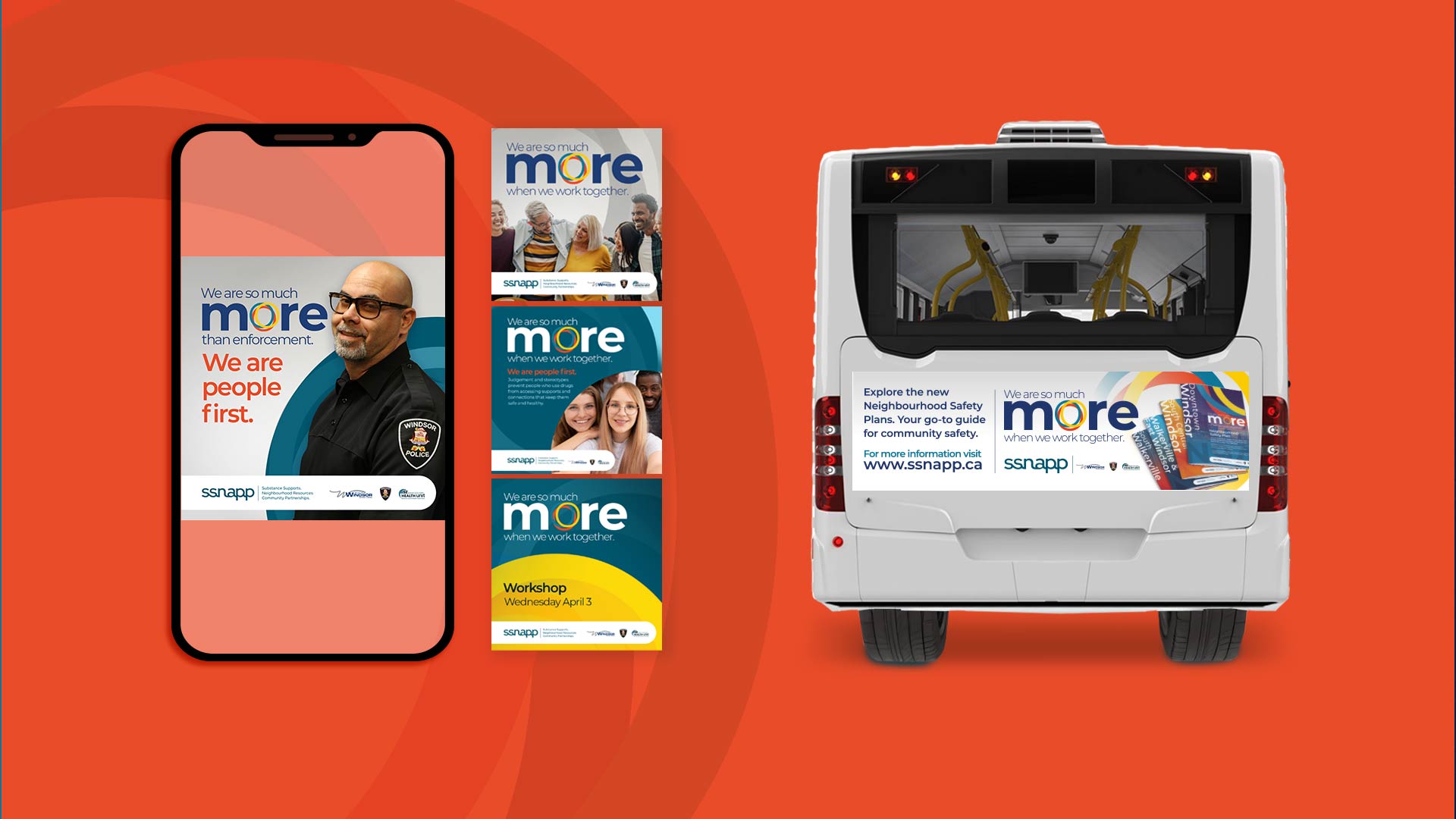 A smartphone, bus rear, and several posters display promotional materials for a neighborhood safety app, featuring text and images of people, against an orange background.