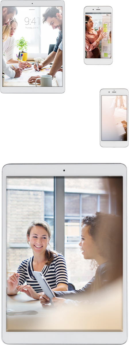 Four tablets display images of people collaborating in office settings, discussing documents, and using digital devices.