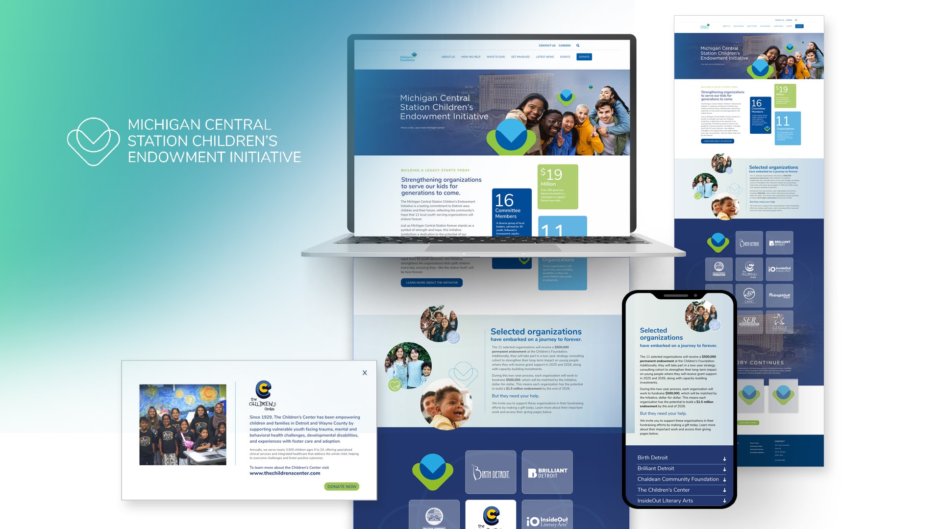 A website design mockup for the Michigan Central Station Children’s Endowment Initiative is displayed on a laptop, smartphone, and desktop, showcasing various sections and graphics.