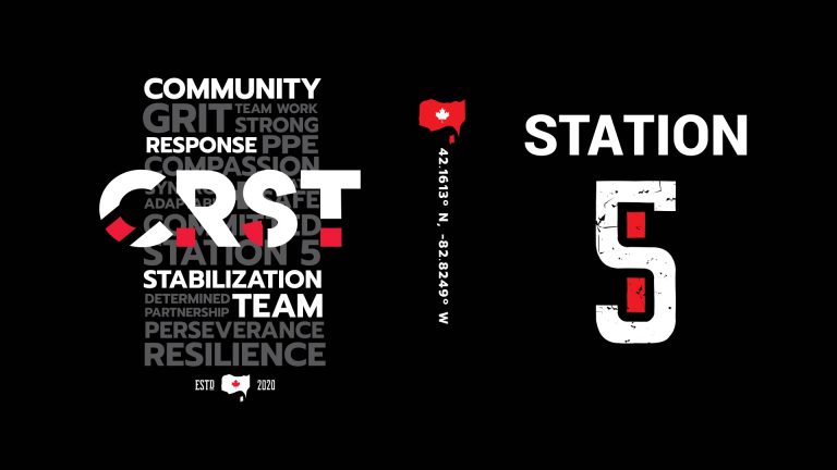 Graphic featuring “CRST” and “Station 5” with words like “community,” “grit,” and “resilience” on a black background; includes coordinates and a red Ohio state icon.